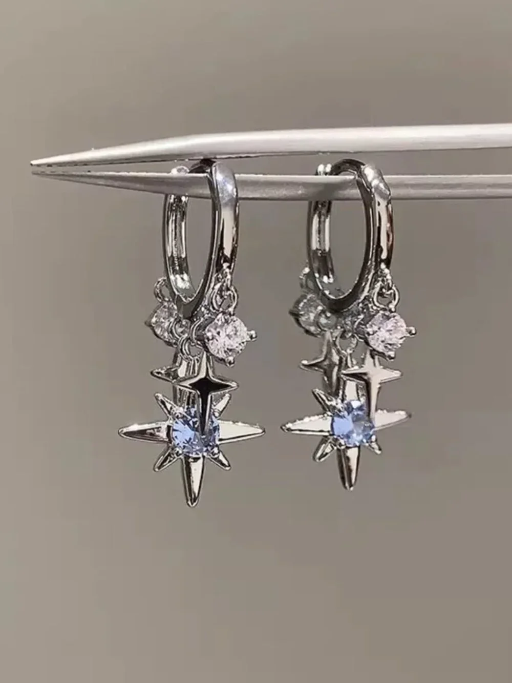 MOS COLLECTION Silver Celestial Star Drop Huggie Earrings Blue CZ Star Earrings